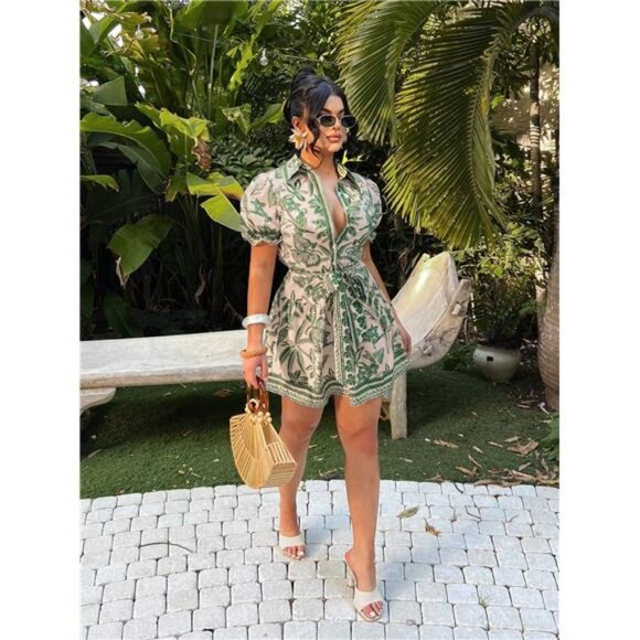 NEW - Boho Single-Breasted Tie-Front Short Sleeve A-Line Dress - Picture 4 of 8